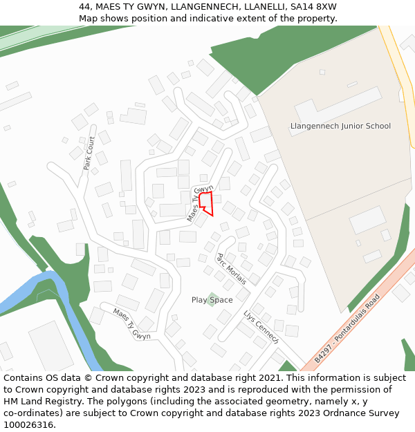 44, MAES TY GWYN, LLANGENNECH, LLANELLI, SA14 8XW: Location map and indicative extent of plot