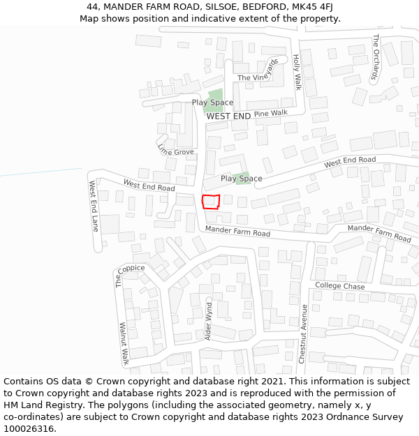 44, MANDER FARM ROAD, SILSOE, BEDFORD, MK45 4FJ: Location map and indicative extent of plot