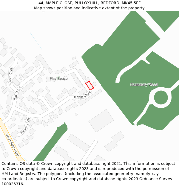 44, MAPLE CLOSE, PULLOXHILL, BEDFORD, MK45 5EF: Location map and indicative extent of plot