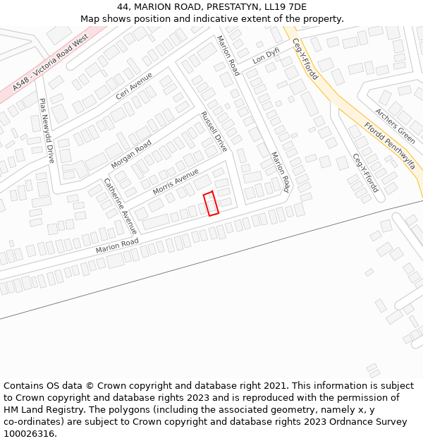 44, MARION ROAD, PRESTATYN, LL19 7DE: Location map and indicative extent of plot