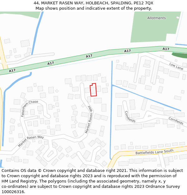 44, MARKET RASEN WAY, HOLBEACH, SPALDING, PE12 7QX: Location map and indicative extent of plot