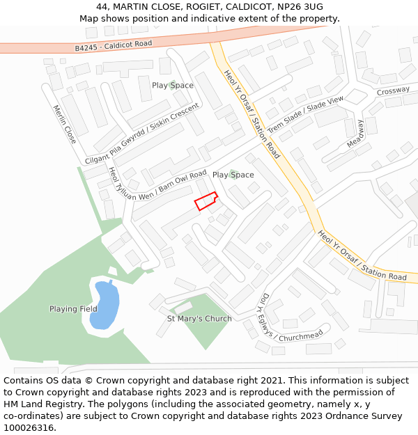 44, MARTIN CLOSE, ROGIET, CALDICOT, NP26 3UG: Location map and indicative extent of plot