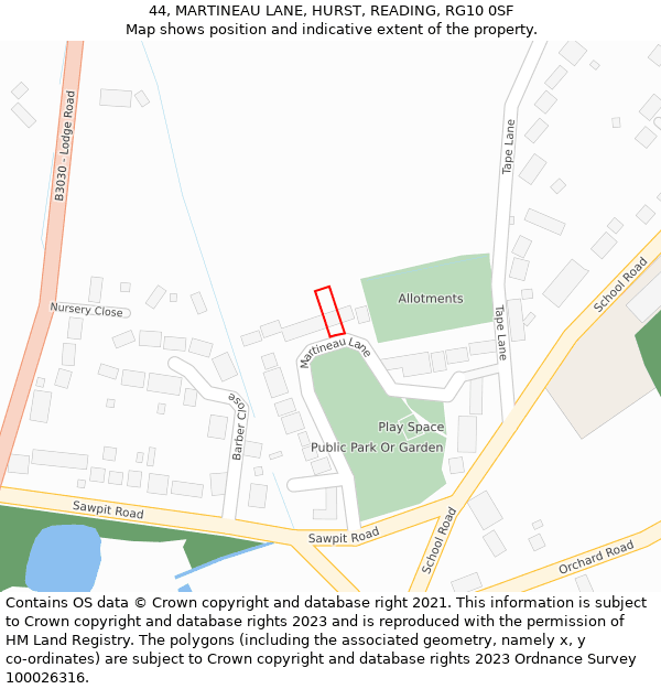 44, MARTINEAU LANE, HURST, READING, RG10 0SF: Location map and indicative extent of plot
