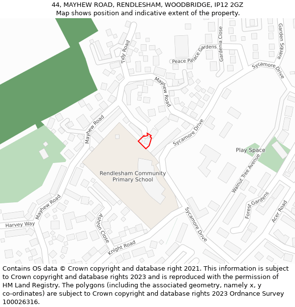44, MAYHEW ROAD, RENDLESHAM, WOODBRIDGE, IP12 2GZ: Location map and indicative extent of plot