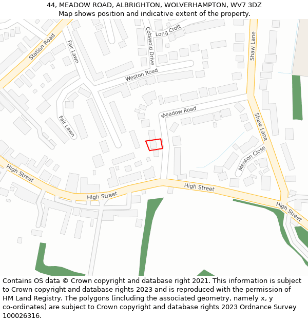 44, MEADOW ROAD, ALBRIGHTON, WOLVERHAMPTON, WV7 3DZ: Location map and indicative extent of plot