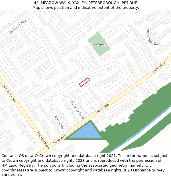 44, MEADOW WALK, YAXLEY, PETERBOROUGH, PE7 3HE: Location map and indicative extent of plot