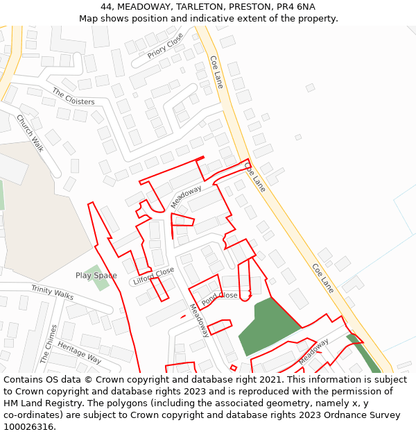 44, MEADOWAY, TARLETON, PRESTON, PR4 6NA: Location map and indicative extent of plot