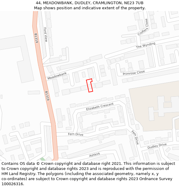 44, MEADOWBANK, DUDLEY, CRAMLINGTON, NE23 7UB: Location map and indicative extent of plot