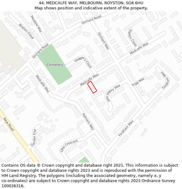 44, MEDCALFE WAY, MELBOURN, ROYSTON, SG8 6HU: Location map and indicative extent of plot