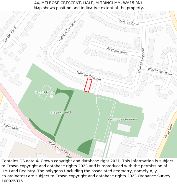 44, MELROSE CRESCENT, HALE, ALTRINCHAM, WA15 8NL: Location map and indicative extent of plot