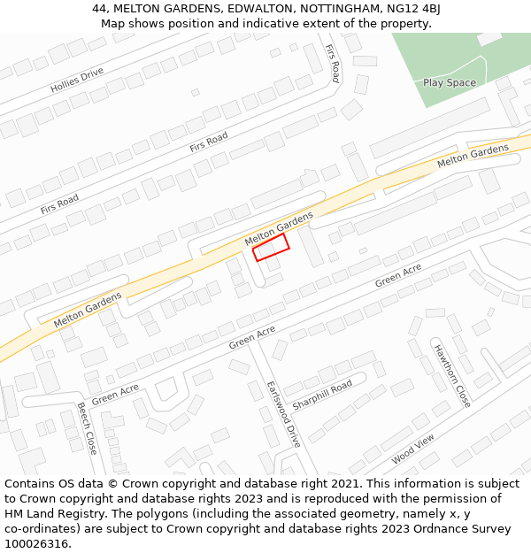 44, MELTON GARDENS, EDWALTON, NOTTINGHAM, NG12 4BJ: Location map and indicative extent of plot