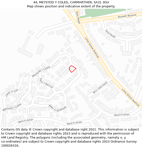 44, MEYSYDD Y COLEG, CARMARTHEN, SA31 3GU: Location map and indicative extent of plot