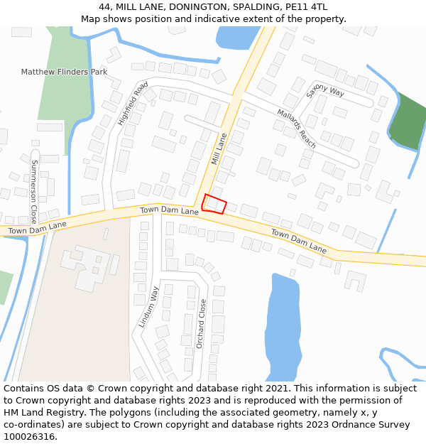 44, MILL LANE, DONINGTON, SPALDING, PE11 4TL: Location map and indicative extent of plot