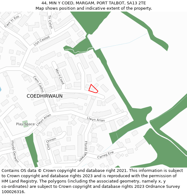 44, MIN Y COED, MARGAM, PORT TALBOT, SA13 2TE: Location map and indicative extent of plot