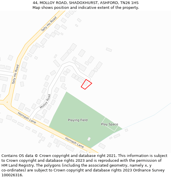 44, MOLLOY ROAD, SHADOXHURST, ASHFORD, TN26 1HS: Location map and indicative extent of plot
