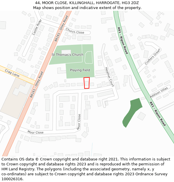 44, MOOR CLOSE, KILLINGHALL, HARROGATE, HG3 2DZ: Location map and indicative extent of plot