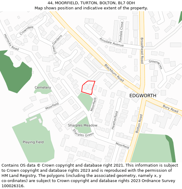 44, MOORFIELD, TURTON, BOLTON, BL7 0DH: Location map and indicative extent of plot