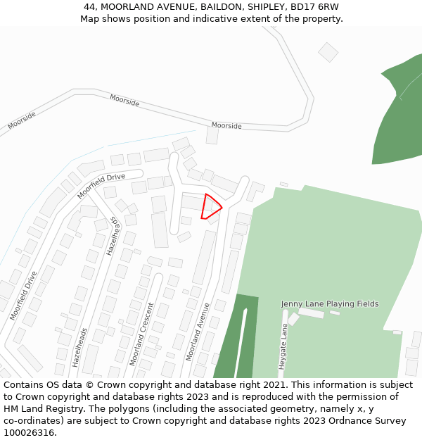 44, MOORLAND AVENUE, BAILDON, SHIPLEY, BD17 6RW: Location map and indicative extent of plot
