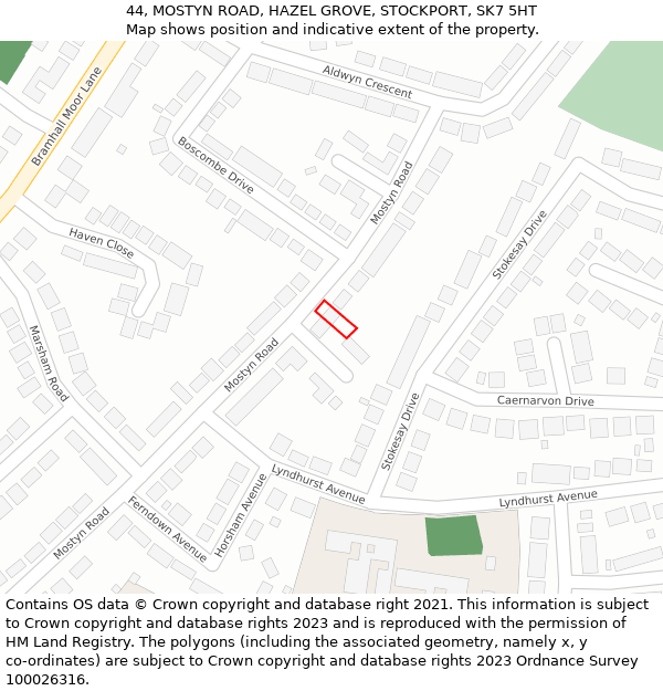 44, MOSTYN ROAD, HAZEL GROVE, STOCKPORT, SK7 5HT: Location map and indicative extent of plot