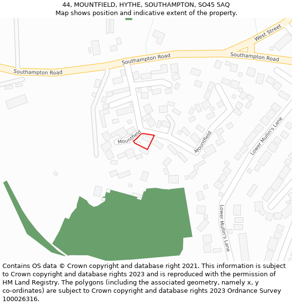 44, MOUNTFIELD, HYTHE, SOUTHAMPTON, SO45 5AQ: Location map and indicative extent of plot