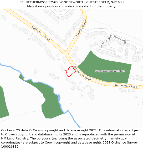 44, NETHERMOOR ROAD, WINGERWORTH, CHESTERFIELD, S42 6LH: Location map and indicative extent of plot