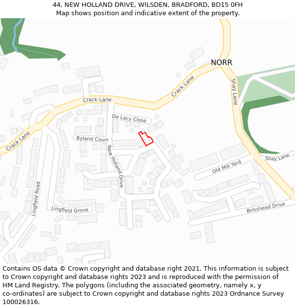 44, NEW HOLLAND DRIVE, WILSDEN, BRADFORD, BD15 0FH: Location map and indicative extent of plot