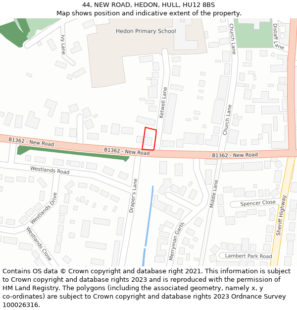 44, NEW ROAD, HEDON, HULL, HU12 8BS: Location map and indicative extent of plot