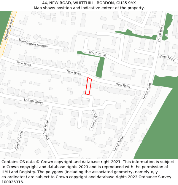 44, NEW ROAD, WHITEHILL, BORDON, GU35 9AX: Location map and indicative extent of plot