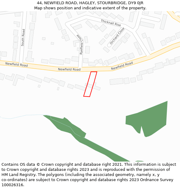 44, NEWFIELD ROAD, HAGLEY, STOURBRIDGE, DY9 0JR: Location map and indicative extent of plot