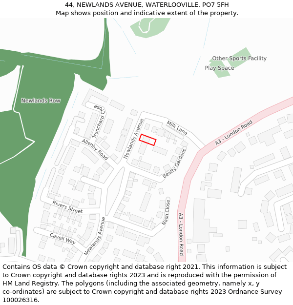 44, NEWLANDS AVENUE, WATERLOOVILLE, PO7 5FH: Location map and indicative extent of plot