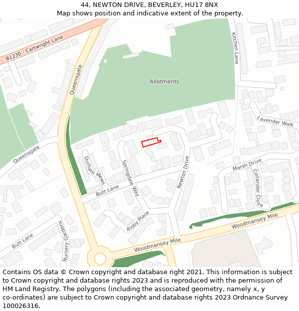 44, NEWTON DRIVE, BEVERLEY, HU17 8NX: Location map and indicative extent of plot