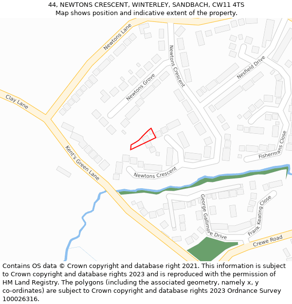 44, NEWTONS CRESCENT, WINTERLEY, SANDBACH, CW11 4TS: Location map and indicative extent of plot