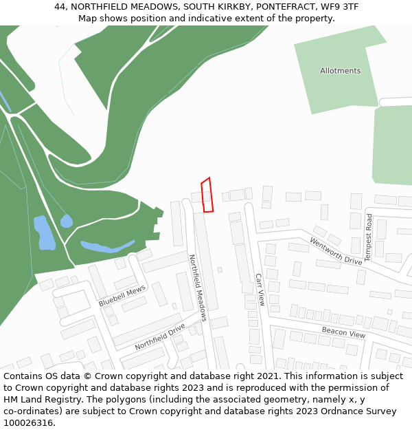 44, NORTHFIELD MEADOWS, SOUTH KIRKBY, PONTEFRACT, WF9 3TF: Location map and indicative extent of plot