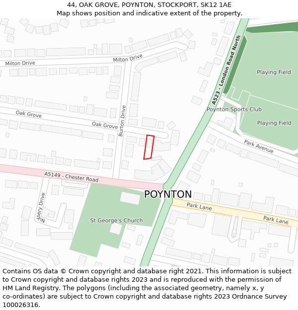 44, OAK GROVE, POYNTON, STOCKPORT, SK12 1AE: Location map and indicative extent of plot