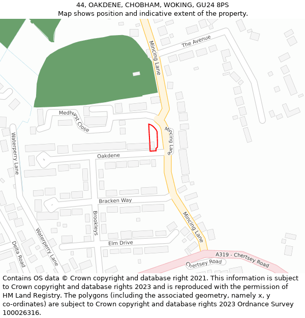 44, OAKDENE, CHOBHAM, WOKING, GU24 8PS: Location map and indicative extent of plot