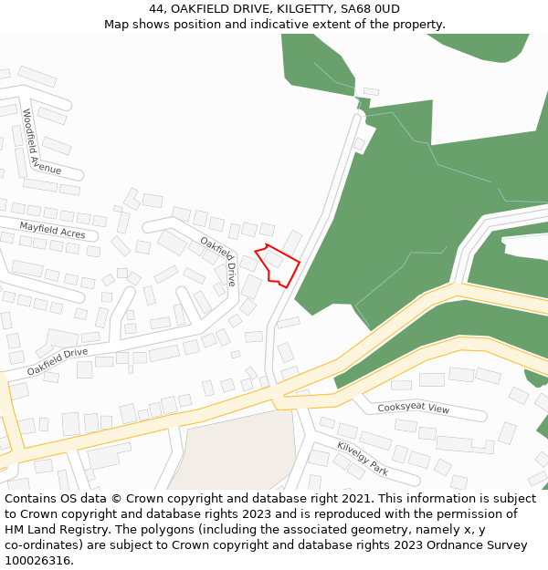 44, OAKFIELD DRIVE, KILGETTY, SA68 0UD: Location map and indicative extent of plot