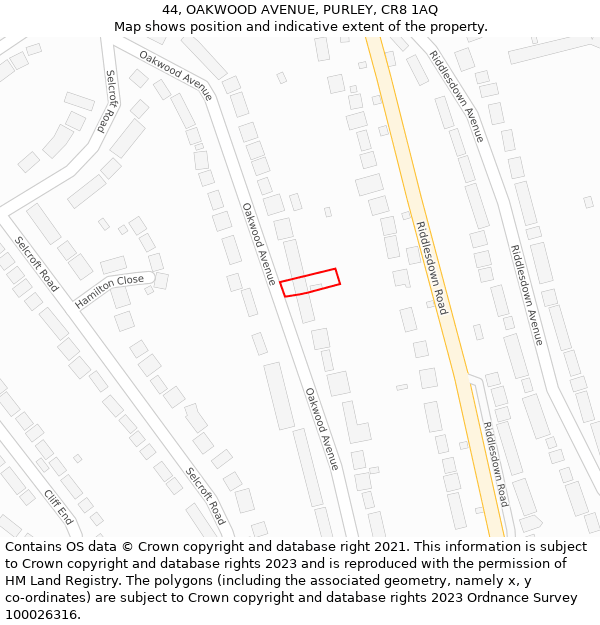 44, OAKWOOD AVENUE, PURLEY, CR8 1AQ: Location map and indicative extent of plot