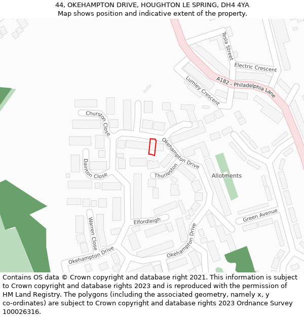 44, OKEHAMPTON DRIVE, HOUGHTON LE SPRING, DH4 4YA: Location map and indicative extent of plot