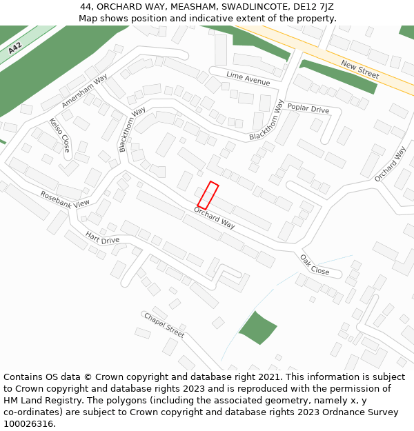 44, ORCHARD WAY, MEASHAM, SWADLINCOTE, DE12 7JZ: Location map and indicative extent of plot