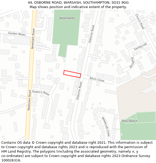 44, OSBORNE ROAD, WARSASH, SOUTHAMPTON, SO31 9GG: Location map and indicative extent of plot