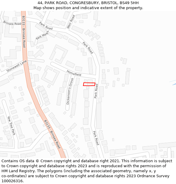 44, PARK ROAD, CONGRESBURY, BRISTOL, BS49 5HH: Location map and indicative extent of plot