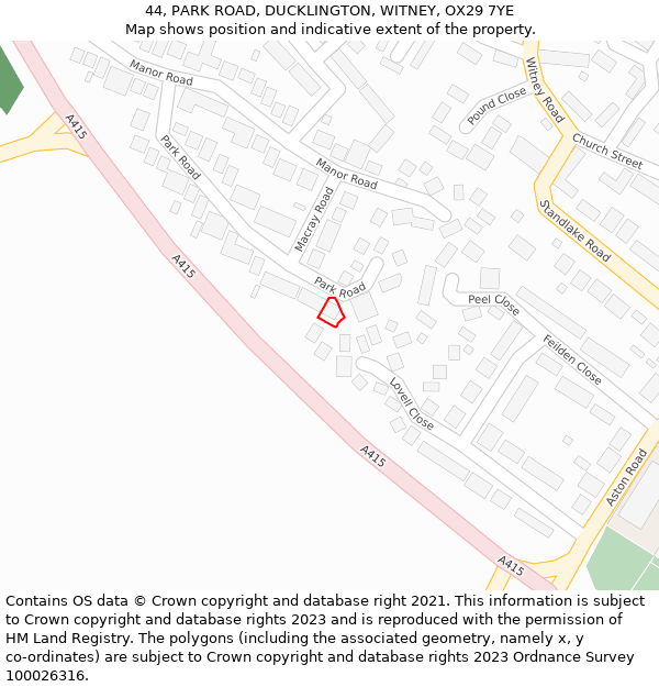 44, PARK ROAD, DUCKLINGTON, WITNEY, OX29 7YE: Location map and indicative extent of plot