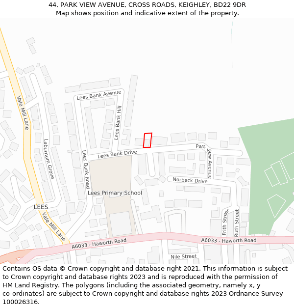 44, PARK VIEW AVENUE, CROSS ROADS, KEIGHLEY, BD22 9DR: Location map and indicative extent of plot