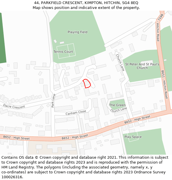 44, PARKFIELD CRESCENT, KIMPTON, HITCHIN, SG4 8EQ: Location map and indicative extent of plot