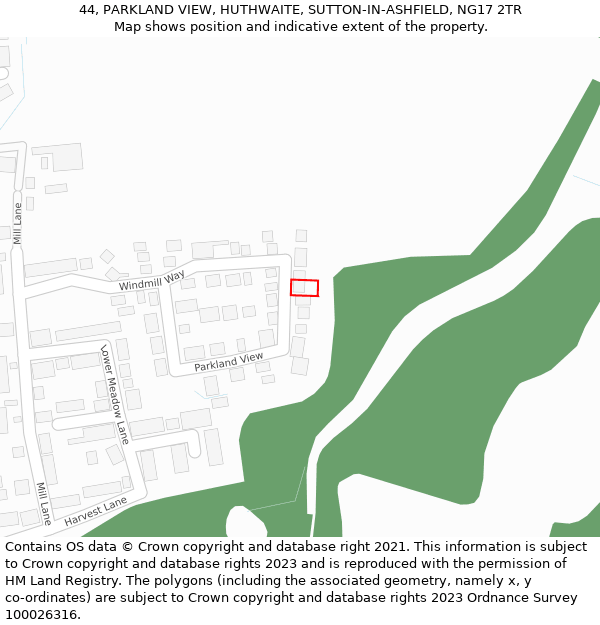 44, PARKLAND VIEW, HUTHWAITE, SUTTON-IN-ASHFIELD, NG17 2TR: Location map and indicative extent of plot