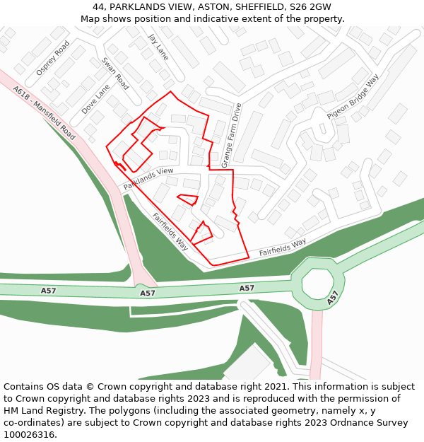 44, PARKLANDS VIEW, ASTON, SHEFFIELD, S26 2GW: Location map and indicative extent of plot