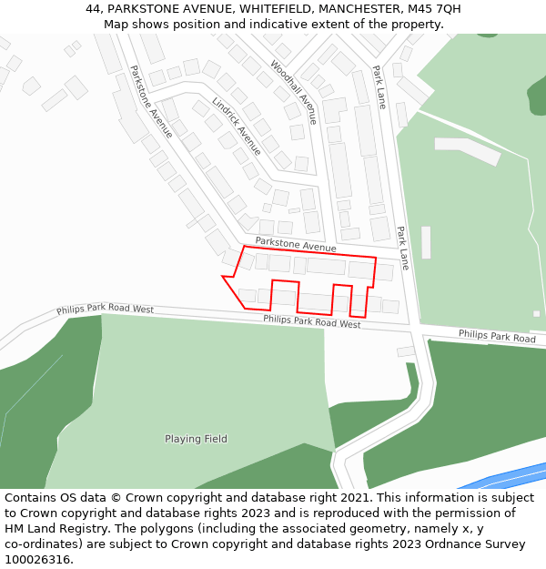 44, PARKSTONE AVENUE, WHITEFIELD, MANCHESTER, M45 7QH: Location map and indicative extent of plot