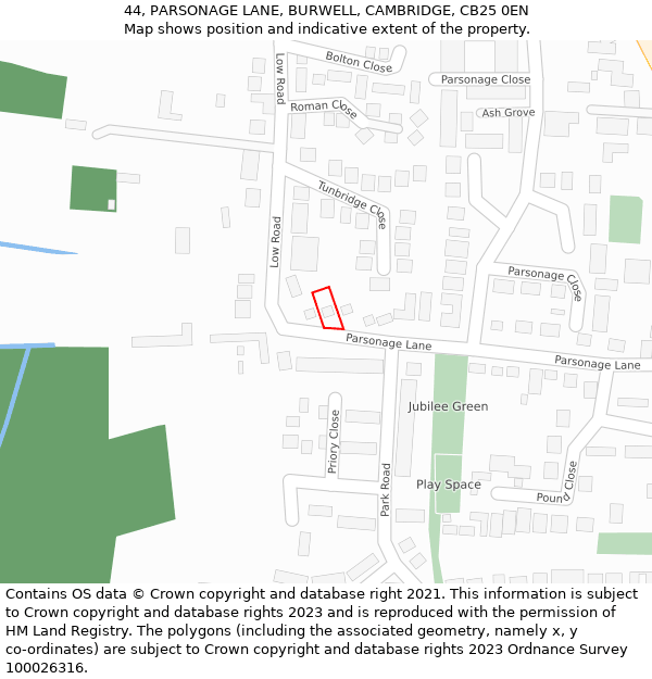 44, PARSONAGE LANE, BURWELL, CAMBRIDGE, CB25 0EN: Location map and indicative extent of plot