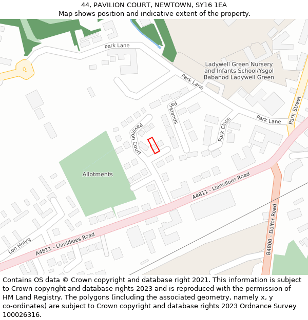 44, PAVILION COURT, NEWTOWN, SY16 1EA: Location map and indicative extent of plot