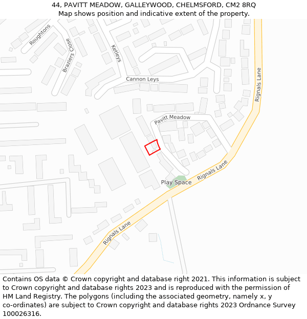 44, PAVITT MEADOW, GALLEYWOOD, CHELMSFORD, CM2 8RQ: Location map and indicative extent of plot